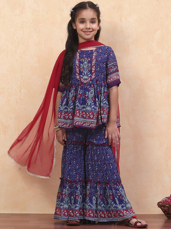 Girls Floral Printed Regular A-Line Kurti with Sharara & Dupatta
