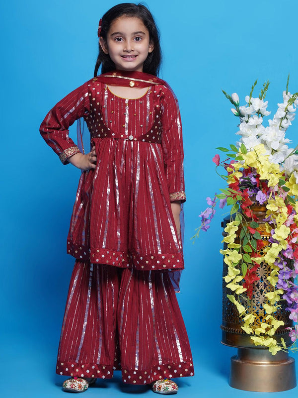 Girls Striped Pure Cotton A-Line Kurta With Sharara & Dupatta