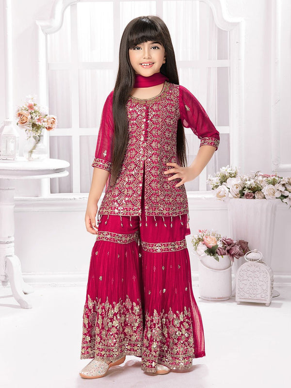 Girls Floral Embroidered Round Neck Straight Kurti With Sharara & Dupatta