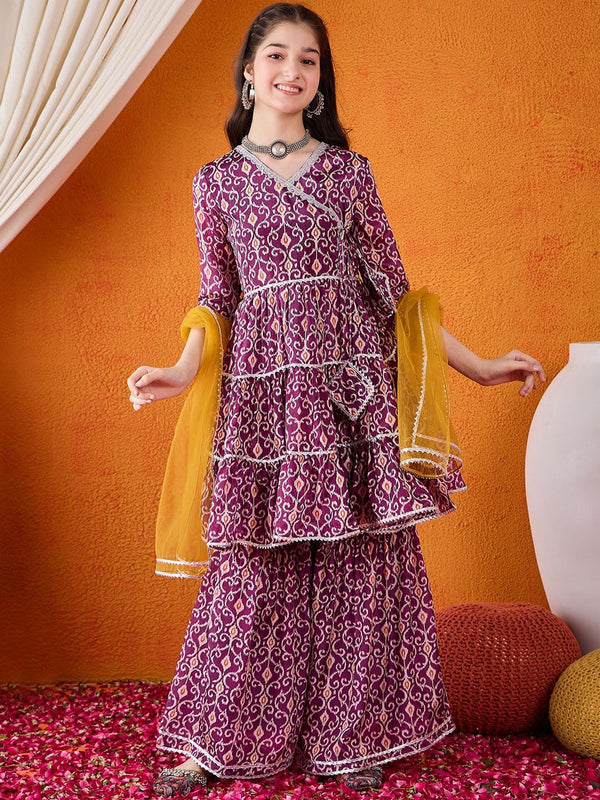 Girls Printed Angrakha Gotta Patti Anarkali Kurta With Sharara & Dupatta