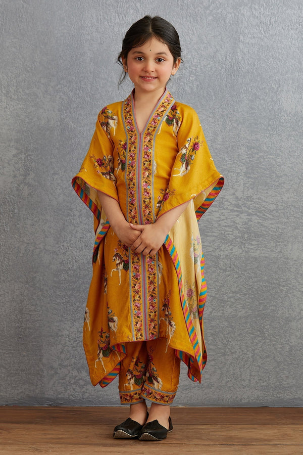 Yellow Cotton Silk Floral Sunehra Aqsa Kameez Kaftan Set For Girls