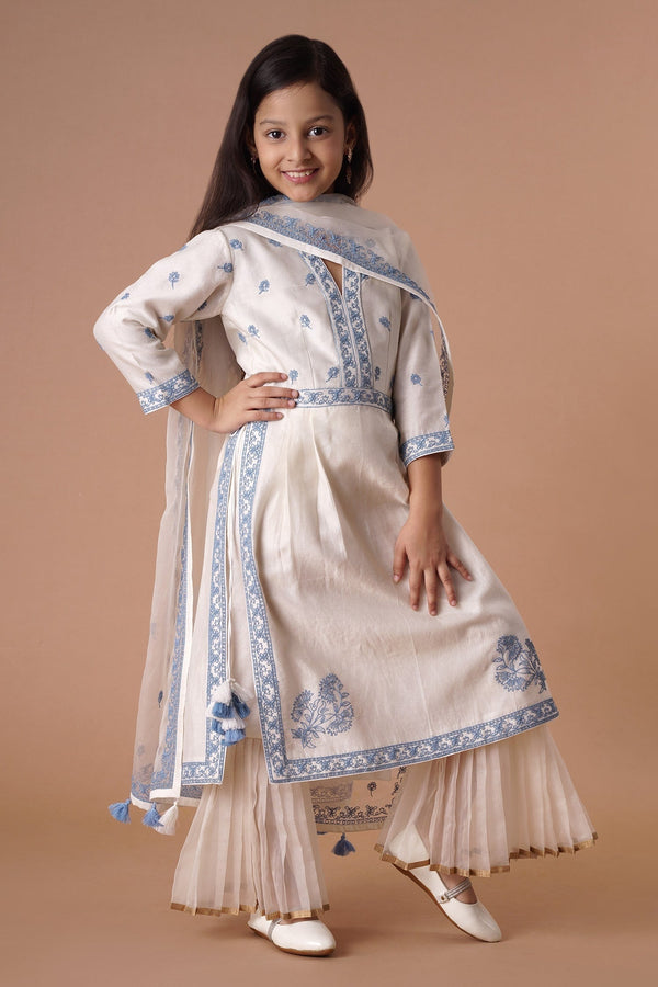 Ivory Chanderi Handloom Silk Embroidery Thread Kurta Sharara Set For Girls