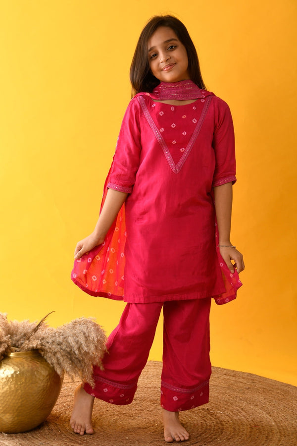 Pink Muslin Silk Woven Bandhani Kurta Palazzo Set