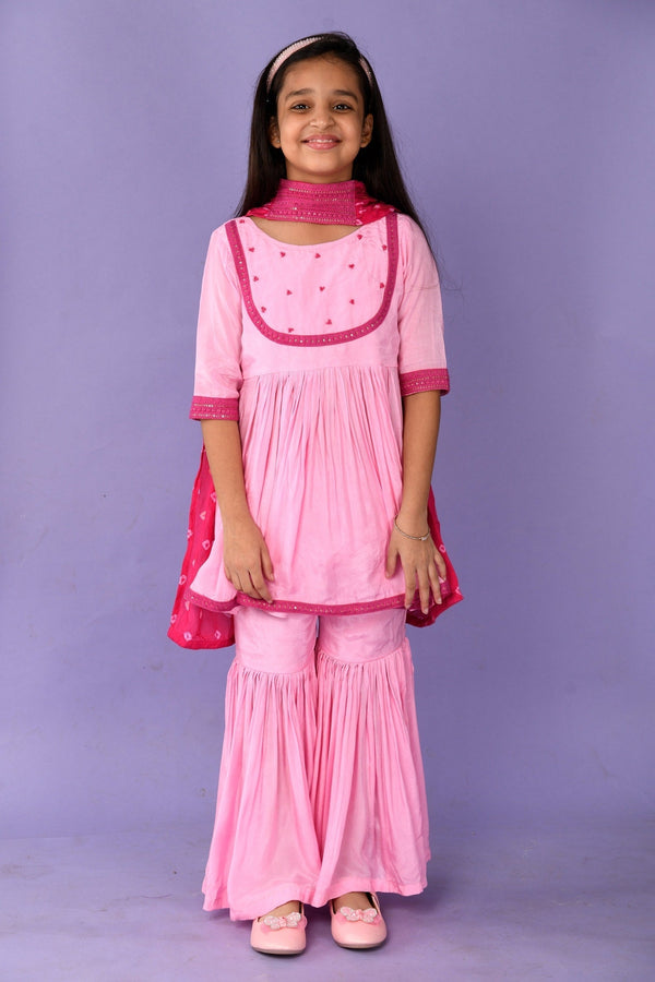 Pink Muslin Silk Embroidery Sequins Kurta Sharara Set For Girls