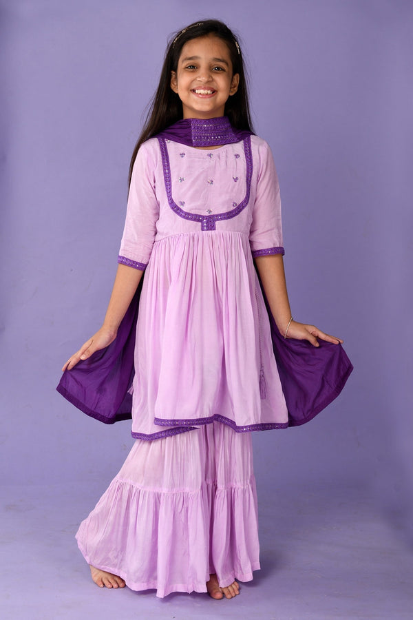 Purple Muslin Silk Embroidery Sequins Kurta Sharara Set For Girls