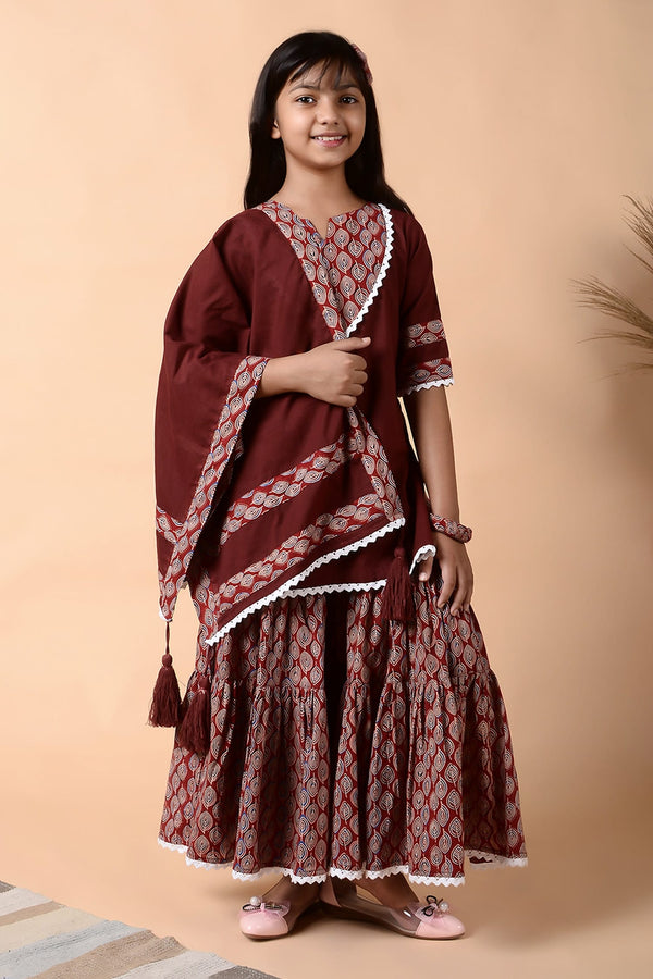 Maroon Cotton Printed Garnet Kurta Sharara Set For Girls
