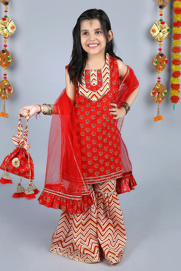 Red Cotton Floral And Gota Patti Kurta Sharara Set For Girls