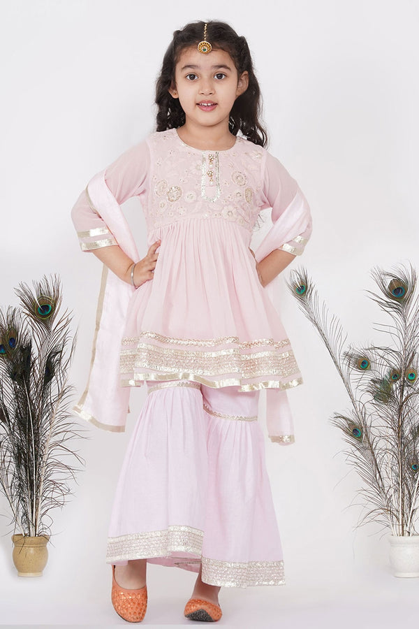 Pink Cotton Embroidered Thread Work Floral Kurta Sharara Set