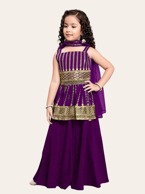 Girls Ethnic Motifs Embroidered Stone Work Kurta With Sharara & Dupatta