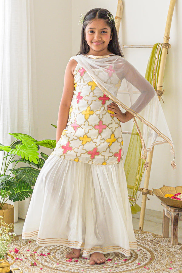 White Georgette Embroidered Gota Work Geometric Kurta Sharara Set For Girls