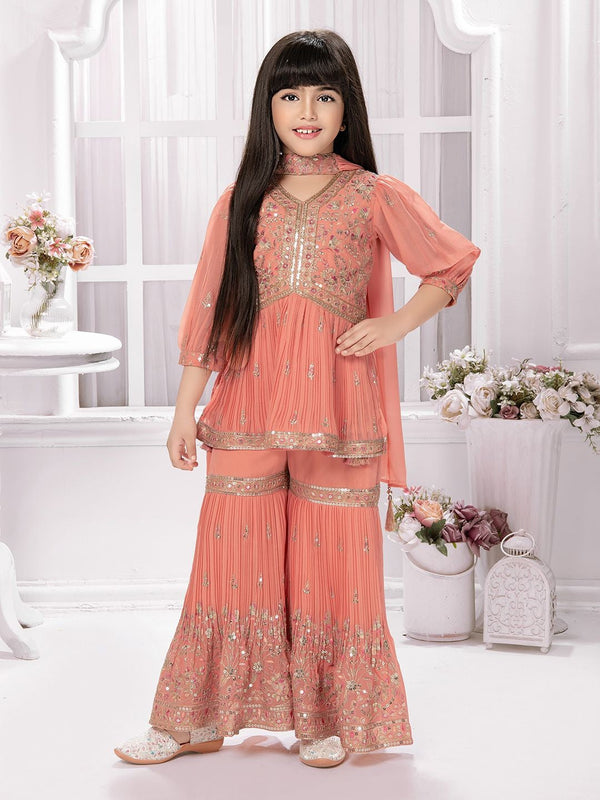 Girls Floral Embroidered V-Neck Empire A-Line Kurti With Sharara & Dupatta