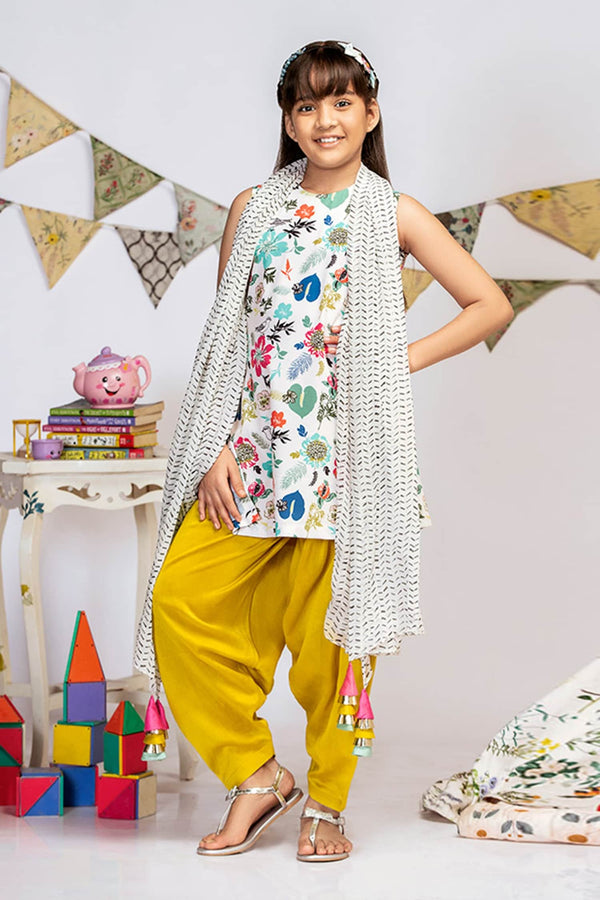 Cream Crepe Floral Kurta And Salwar Set For Girls