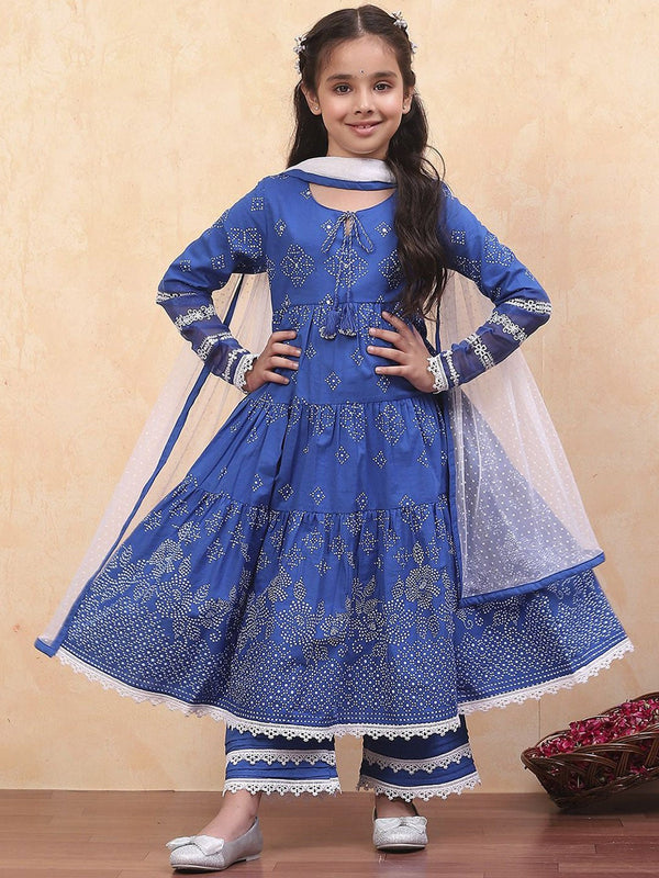 Girls Bandhani Printed Tie-Up Neck Pure Cotton Anarkali Kurta with Palazzos & Dupatta