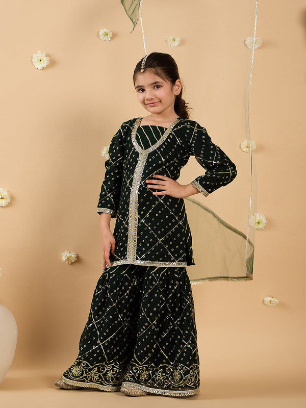 Girls Ethnic Motifs Embroidered Angrakha Sequinned Kurta with Sharara & With Dupatta
