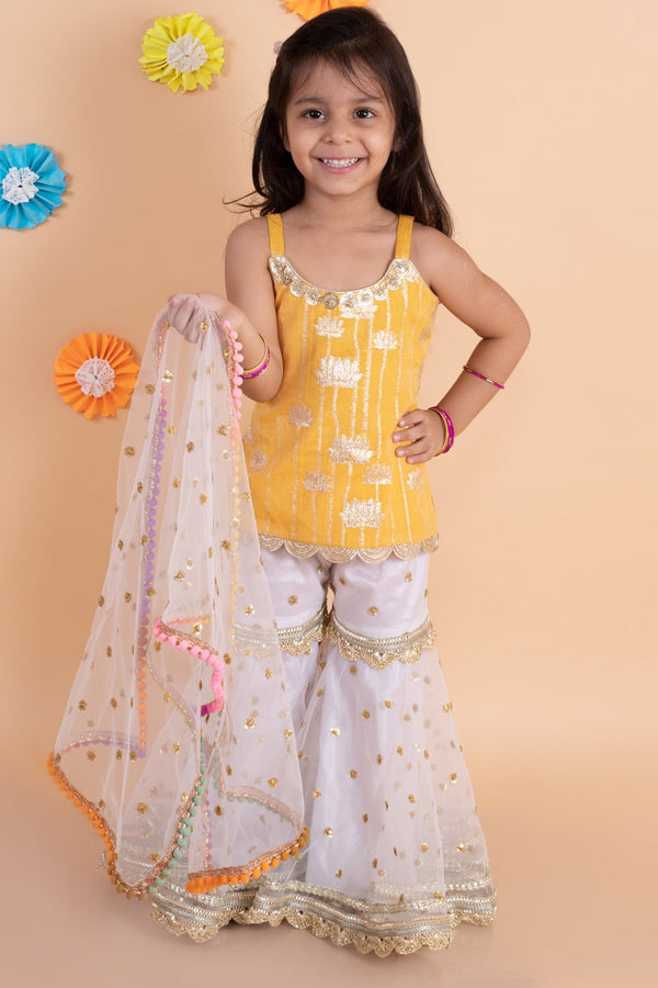 Orange Chanderi Cotton Embroidered Lotus Print Kurta Sharara Set For Girls