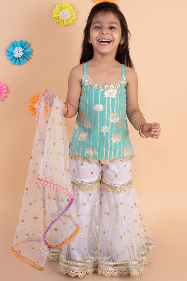 Blue Chanderi Cotton Embroidered Sequins Lotus Print Kurta Sharara Set For Girls