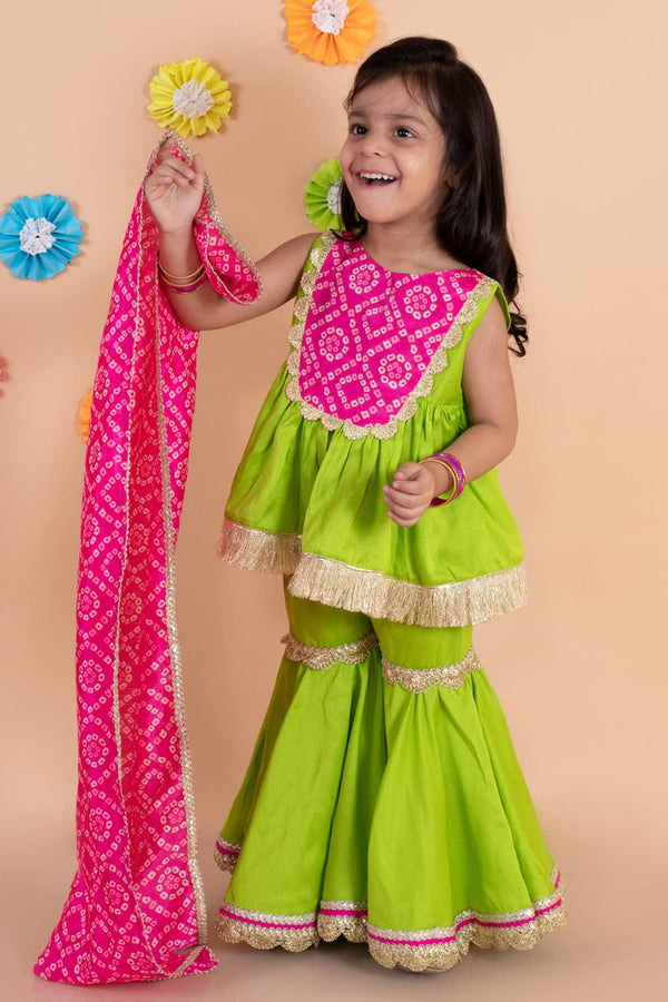 Green Printed Floral Bandhani Kurta Sharara Set For Girls
