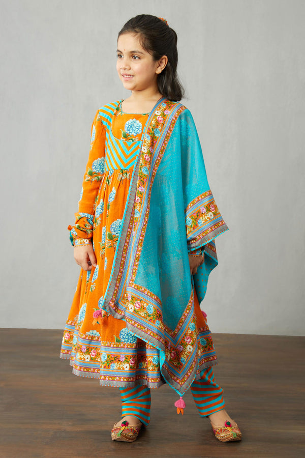 Orange Churidar And Anarkali: Cotton Silk Santree Ajooni Set For Girls
