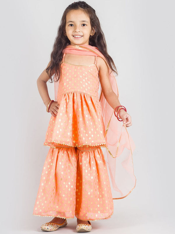 Girls Floral Woven Design Kurta With Sharara & Dupatta