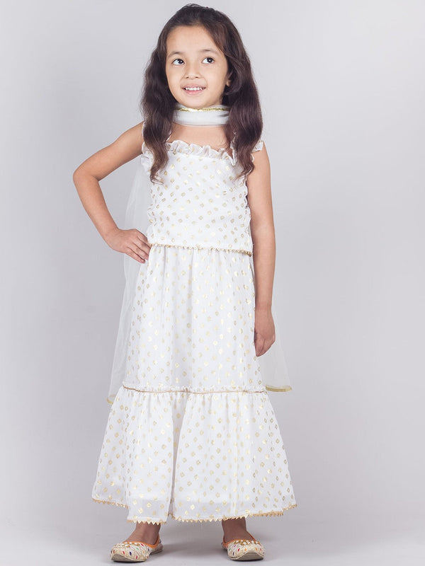 Girls Floral Embroidered Thread Work Top With Sharara & Dupatta