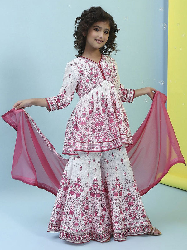 Girls Floral Printed Cotton Kurta with Sharara & Dupatta
