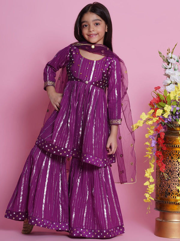 Girls Striped Pure Cotton Kurta With Sharara & Dupatta